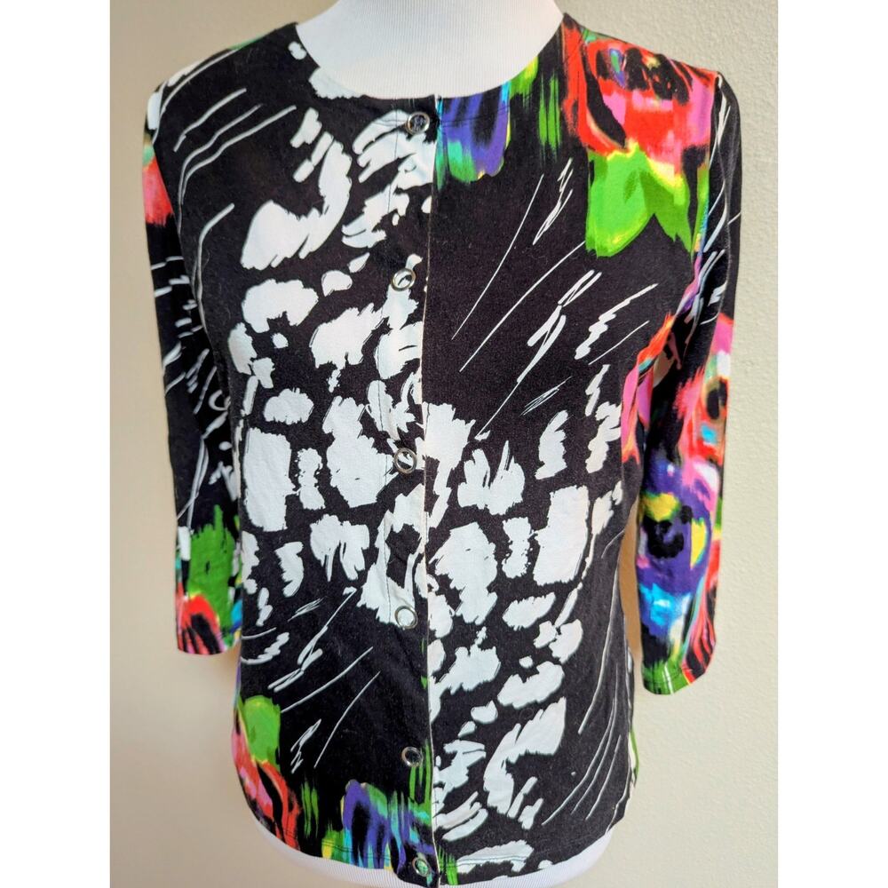 Multicolor Abstract Knit Cardigan Sweater | Button Front Crew Neck | Women